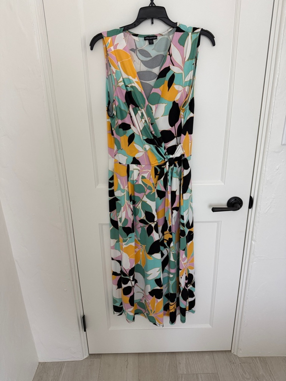 Nina Leonard Mint Floral Wrap Midi Dress with Black & Yellow Accents